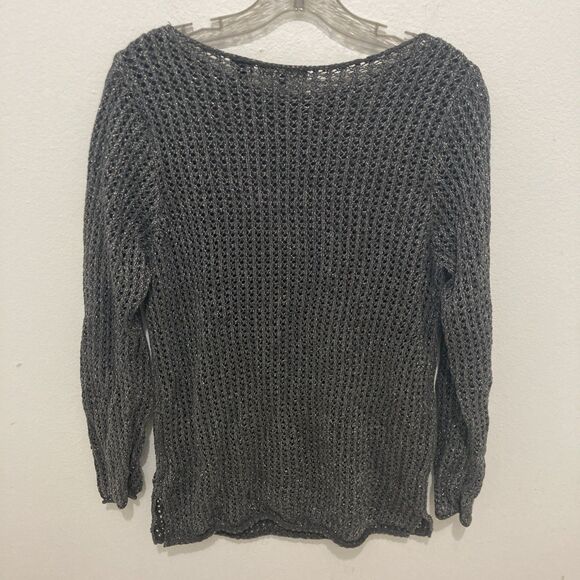JEANNE PIERRE gray silver metallic open knit long sleeve scoop neck sweater XL - Picture 6 of 7